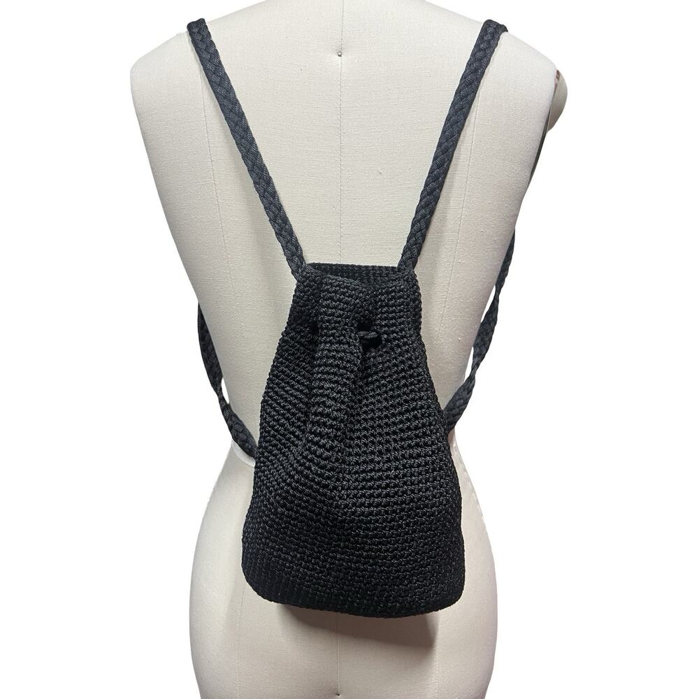 Y2k Vtg 90's Festival Boho Crochet Black Backpack Drawstring Bucket Purse Bag